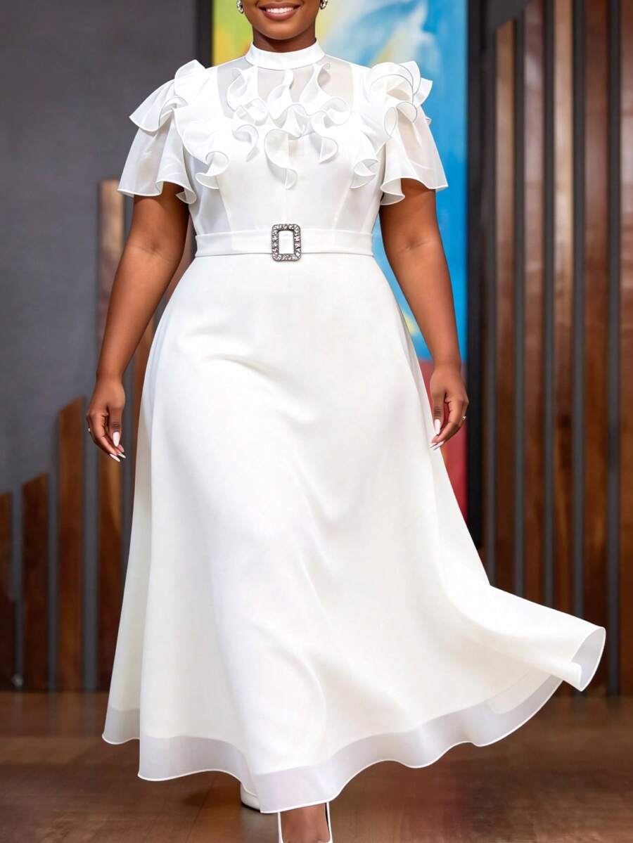 Elegant Plus Size Women White Chiffon Maxi Dress With Mock Neck Layered Ruffle Short Sleeves Belt Rhinestone Buckle Cocktail Party Wedding Guest Gown - White - View 1