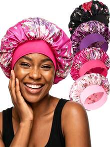 CONFLASS 4pcs Multicolor Floral Satin Sleep Cap Set, Women's Elastic Wide Band Hair Cap, Women's Wide Band Satin Sleep Cap, Suitable For Hair Beauty, Care, Chemotherapy, Curly Hair, Random Color Delivery - Multicolor - View 14