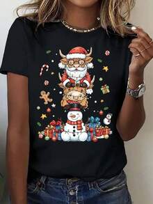 Camiseta de Navidad - Estampado de Papá Noel, reno y muñeco de nieve, para fiestas navideñas - 220g - Negro - Ver 2