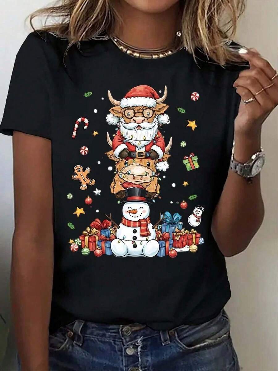 Camiseta de Navidad - Estampado de Papá Noel, reno y muñeco de nieve, para fiestas navideñas - 220g