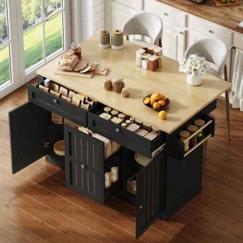 Mobile Kitchen Island With Folding Worktop, Serving Trolley And Storage Cabinet, With 2-Tier Vertical Drawers, 2 Large Drawers And Lockable Casters, 120 * 45 (70) * 92 Cm.