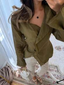 Women's Long-Sleeved T-Shirt With V-Neck, Tie And Asymmetrical Cut, Versatile And Casual, 2026 Collection - 紅色 - 查看 7
