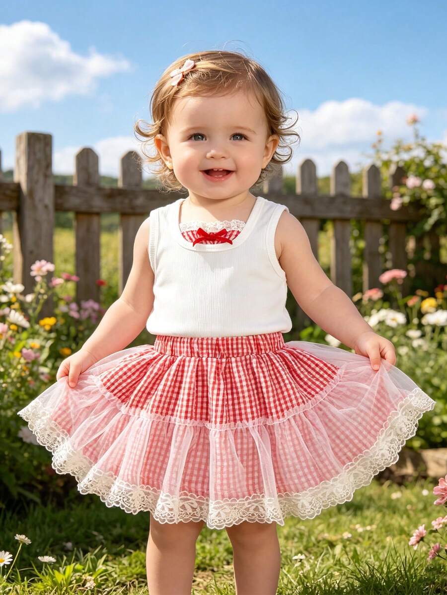 2pcs/Set Girls Sweet Bow Sleeveless Tank Top And Red Plaid Tulle Cake Skirt Summer Outfit - White - View 1