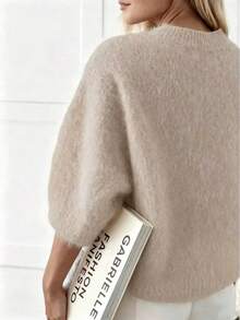 Women's Fashionable Minimalist Fuzzy Ribbed Knit Crew Neck Sweater, Regular Length, Drop Shoulder, 3/4 Sleeve Top Fall - Dusty Pink - View 2