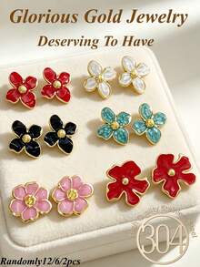 12pcs/6pairs Summer Gold Women's Earrings, Including Four-Petal Flower And Six-Petal Flower Designs, Suitable For Casual Vacation And Daily Wear, Elegant Earrings, Earring Set - Oil Dripping Kit - View 9