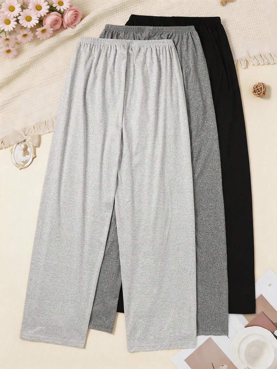 3pcs Set Comfortable Solid Color Plus Size Women's Pajama Pants, Polyester Knit Fabric Soft And Comfortable, Spring Summer Autumn Thin Long Pants, Casual Home Pants Can Be Worn Out - Multicolor - View 1