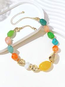 1pc Fashionable Retro Exaggerated Bohemian Style Thick Multi-Color Acrylic Beaded Necklace For Women - Multicolor - View 3
