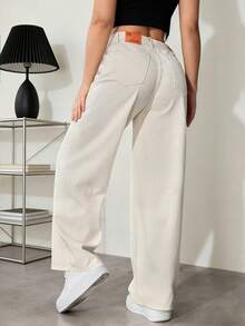 Women's Casual Straight Leg Loose Fit Jeans With Pockets,  Straight Jeans, Washed Denim Baggy Jeans, Vintage Casual Style - 米色 - 查看 2