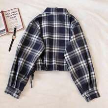 Women's Blue & White Plaid Short Shirt, Drawstring Hem, Long Sleeve Crop Top, Autumn Essential - Navy Blue - View 3