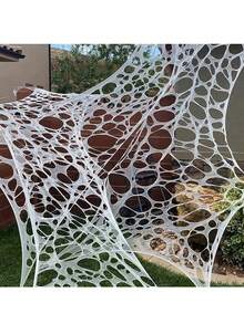 Halloween Giant Spider Web Decoration, Large White Hollow Spider Web, Halloween Decor Spider Web, Torn Spider Web, Can Be Used With Artificial Spiders, Halloween Atmosphere Setup Prop, Haunted House Decoration, Halloween Theme Party Decoration, Home Decor - Multicolor - View 2