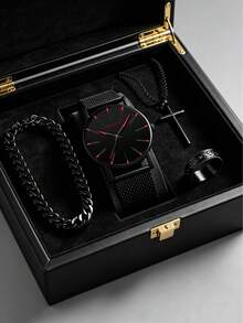 Minimalist Geneva Black Dial Red/Blue/Black Scale Men's Quartz Watch 4/1 Set, Cool Black Mesh Strap Lightweight Men's Watch Paired With Cuban Bracelet, Cross Pendant Necklace And Engraved Ring, Street Style Business Commute Dual-Use Men's Accessory Set, Father's Day Gift, Men's Birthday Gift, Graduation Back To School Gift Choice Men's Set Jewelry (Display Box Not Included) - Multicolor - View 3