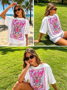 Preppy Style Tiger Print T-Shirt, Casual Crew Neck T-Shirt, Women's Summer Clothes, Y2k Clothing, Streetwear, Women's Summer Outfits - 白色 2 - 查看 4