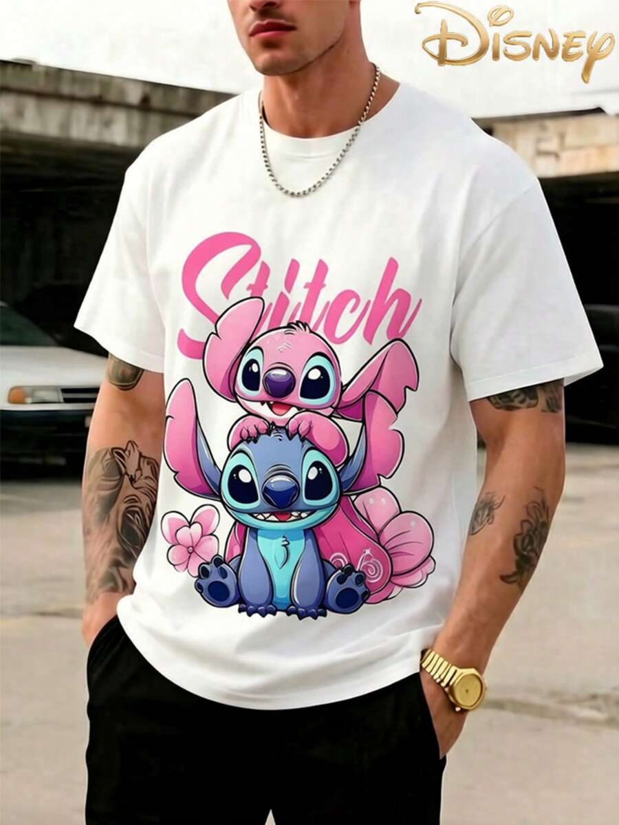 Licensed Disney Tee: Disney Lilo & Stitch Angel & Stitch Cute Print, 100% Cotton, Relaxed Fit, Soft & Breathable, Unisex Crew Neck Short Sleeve. - 白色 - 查看 1