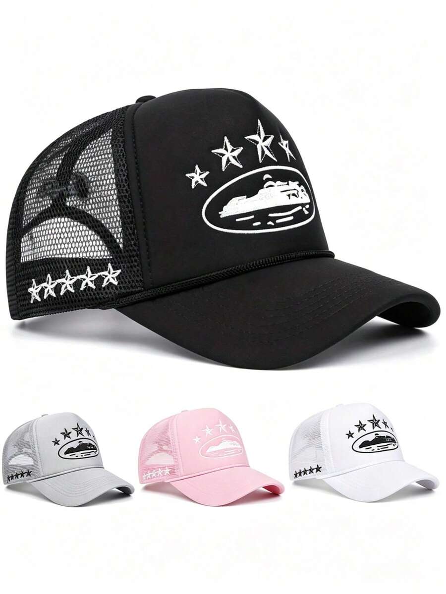 Spring/Summer New Star Print Mesh Baseball Cap, Outdoor Breathable Sponge Mesh Baseball Cap, Fashion Versatile Casual Trucker Hat - Embroidery - View 1
