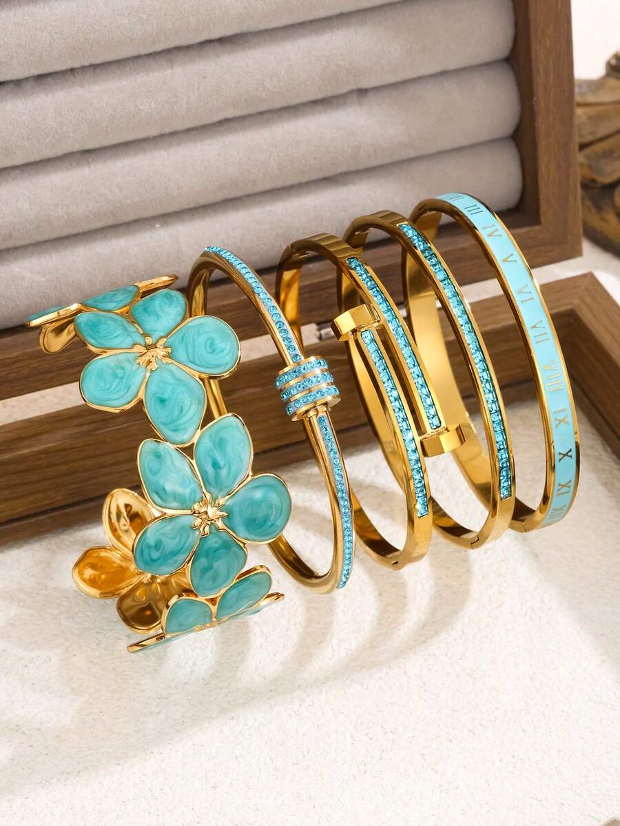 5/1 pieza set pulseras personalizadas de acero inoxidable multicolor, diseño único y moderno (flor, pedrería de una hilera, romano). Diseño exquisito, regalo ideal, joyería que no se decolora. - Dorado 2 - Ver 1