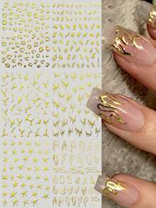 6 Sheets Metallic Gold Nail Stickers, Y2K Punk Style 3D Bronzing Flame Star Swirl Line Nail Decals, Abstract Irregular Curve Self-Adhesive Nail Art Decor For DIY Manicure - Gold - View 3