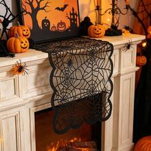 Camino de mesa de Halloween, decoración del hogar de estilo granja y gótico, decoración de mesa para fiesta de Halloween, con borde festoneado y patrón de telaraña de malla transparente, producto de decoración del hogar de temporada para interiores/exteriores - Varios estilos - Ver 4