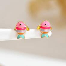 Đôi bông tai đinh nhỏ hình cá nhỏ tráng men nhỏ giọt đa sắc tinh xảo dễ thương, phù hợp đeo hàng ngày hoặc đi tiệc, bông tai hoạt hình dễ thương - Nhiều màu - Xem 3