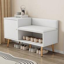Modern And Luxurious White Shoe Cabinet With Storage Space, Padded Bench And Backrest - Shoe Rack With Metal Handles And Legs - Ideal For The Entryway - Dimensions: W 100 Cm / D 40 Cm / H 58 Cm - White - View 5