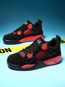 Men's Black Red Contrast Mid Top Sneakers, Air Cushion Non-Slip Retro Basketball Shoes For Daily Street & Casual Outfit - 紅雷神 - 查看 5