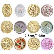 6pcs Gold Alloy Wax Seal Stamp Set With Replaceable Wooden Handle - Cat, Camellia Pattern, For Invitations, Cards, Envelopes And Gift Packaging, Stamps, Floral Pattern - A - View 5