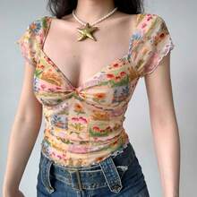 Top de manga corta con cuello floral pequeño estilo pintura al óleo retro, nuevo estilo de verano, puro y seductor, impresionante camisa de chica moderna con borde de malla. - Color de la imagen - Ver 3