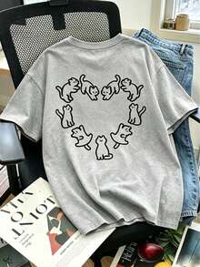 Heart Cat Pattern T-Shirt, Cute Minimalist Print T-Shirt, Cat Lover Aesthetic Casual Short Sleeve, Playful Cute Style Top Summer - Grey - View 9