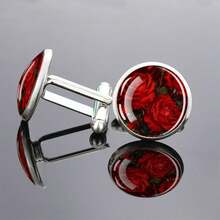 1 Pair Cufflinks Glass Inlay Red Floral Design Elegant Men's Accessory Gift For Formal Wear Sophisticated Round Top Decorative Jewelry - Silver - View 2