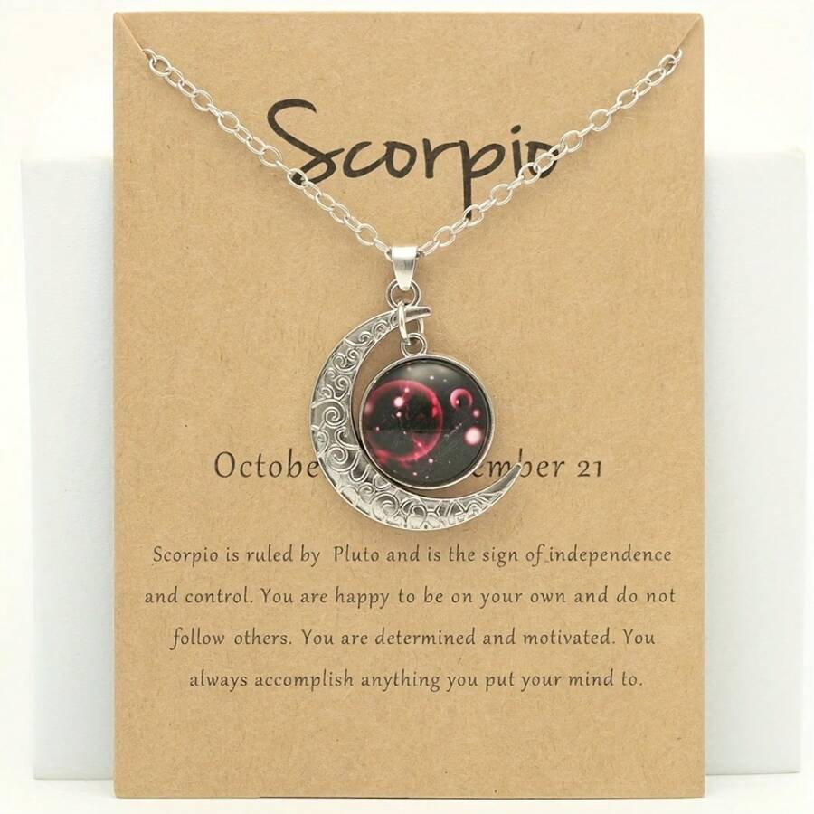 1 Retro Zodiac Moon Pendant Necklace That Glows In The Dark - Vintage Style, Zinc Alloy With Details, Adjustable Chain For Women - Ideal For Everyday Wear And Gifts - 蠍 - 查看 1