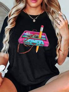 Camiseta de Manga Corta para Mujer con Estampado Retro de Festival deúsica Mexicana - Diseño de Colisión deúsica y Moda de los 80, Cuello Redondo, Primavera/Verano, Camiseta de Algodón - Negro - Ver 1