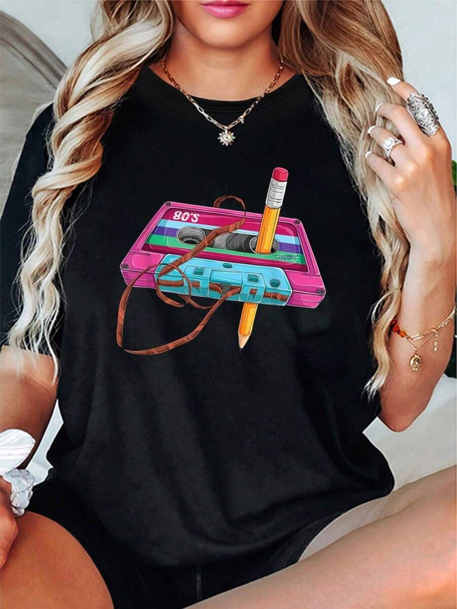 Camiseta de Manga Corta para Mujer con Estampado Retro de Festival deúsica Mexicana - Diseño de Colisión deúsica y Moda de los 80, Cuello Redondo, Primavera/Verano, Camiseta de Algodón - Negro - Ver 1