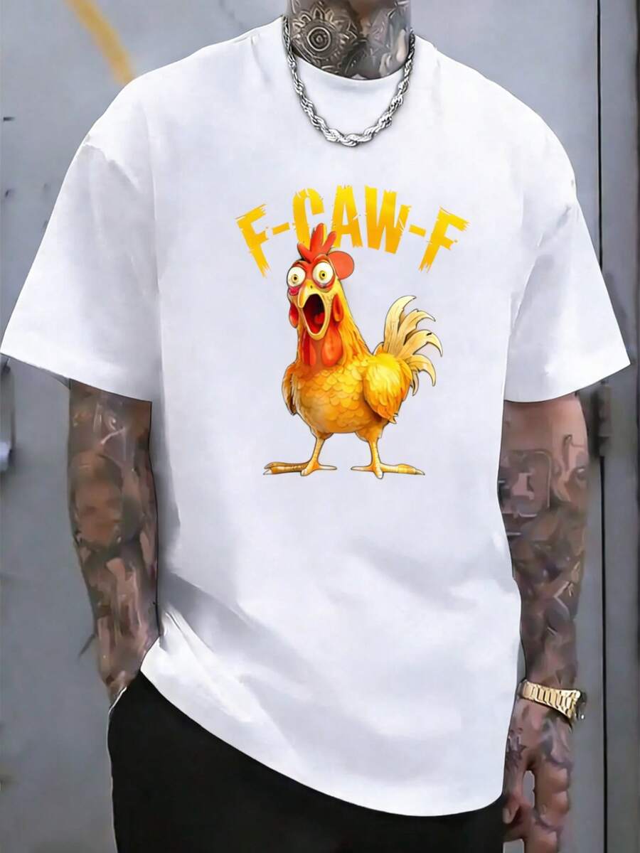 Men's T-Shirt With Funny Rooster Print F-Caw-F - Vintage Black Loose Fit Short Sleeve T-Shirt With Bright Yellow Rooster And F-Caw-F Print, Casual Outdoor Wear, As - 白色 - 查看 1