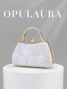 OpulAura 1個白色刺繡花卉圖案肩背包，復古旗袍包，仙女風手拿包，宴會包，伴娘包，新娘包，方形包，晚宴包，珍珠手拿包，亮片珠飾包，正式禮服包，鏈條肩背包 - 白色 - 查看 6