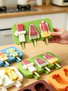 1set Space Shape Silicone Popsicle Mold, Durable Reusable With Lid For Summer Frozen Dessert, Rainbow Meteor 3-Cavity Design, DIY Craft Home Decor Handmade Gift, Valentine's Day Mother's Day Christmas - Green - View 3