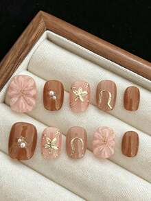 qihangxin 10pcs Handmade Short Nail Art Tips, 2 Colors Available: Pink And Coffee Brown, Western Style, Pink Translucent 3D Flower Tips, Gold Foil Rose, Gold Plated, Suitable For Summer Wear, Pink Nails, Coffee Brown Nails, Short Nails, Comes With Tool Set, Suitable For Daily Wear - Coffee Brown - View 10