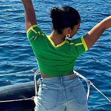 Retro Street Style Baby T-Shirt, Brazil Green Letter Print Crop Tops For Women, Slim-Fit Short Sleeve Casual Wear Y2k 2024 - nz1069- - 查看 7