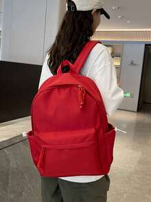 Women's Minimalist Solid Color Nylon Backpack, Lightweight Business Commute Daily Use Backpack, Multi-Pocket Large Capacity Casual Backpack Suitable For Office, Work, Travel, School - Red - View 8