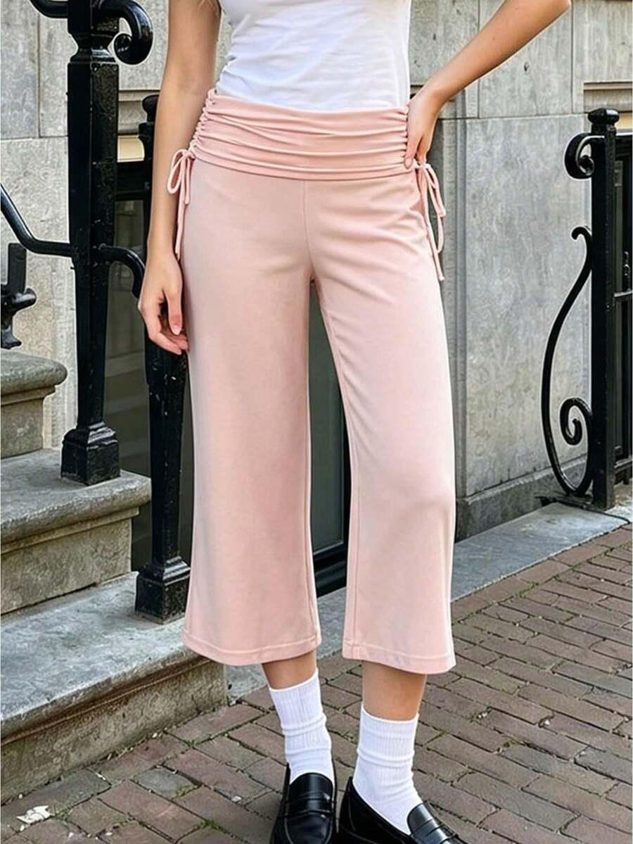 Womens Casual Capri Pants Solid Color Dot Print Ruched Drawstring Waistband Wide Leg Trousers Lounge Pants - Pink - View 1