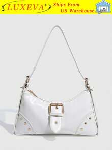 Retro Maillard Distressed Leather Motorcycle Bag With Studs And Buckles,Soft Touch,Folded Detail,Cloud Shape,Shoulder & Crossbody Bag,Vintage Bag - 白色 - 查看 1