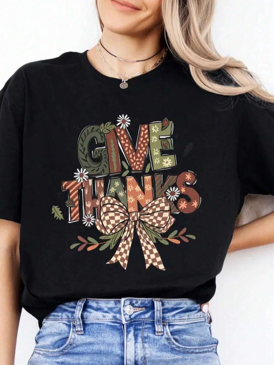 Cute Thank You T-Shirt, Gratitude T-Shirt, Autumn Sweatshirt, Fall Season T-Shirt, Thanksgiving T-Shirt, Warm Seasonal Sweater - Black003 - 查看 1