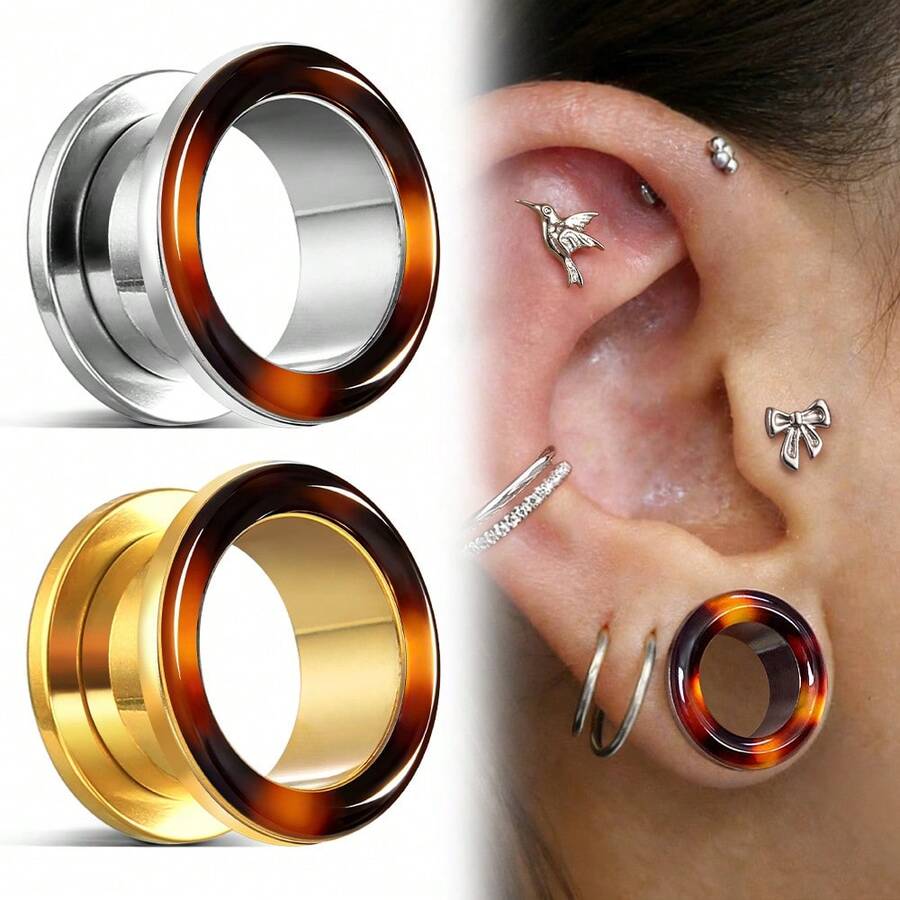 2pcs Tortoise Shell Pattern Ear Stretchers Hollow/Solid 316L Stainless Steel Amber Color Ear Lobe Expanders Body Piercing Jewelry Accessories Vintage - 1759 - View 1