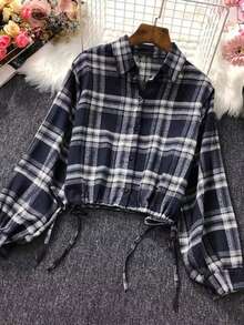 Women's Blue & White Plaid Short Shirt, Drawstring Hem, Long Sleeve Crop Top, Autumn Essential - Navy Blue - View 4