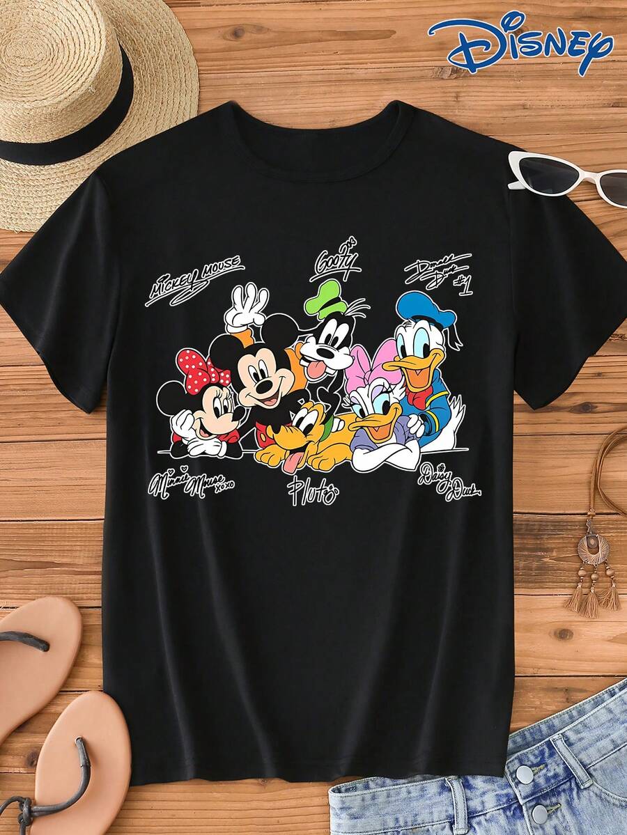 Disney 1pc Men's Short Sleeve T-Shirt, Loose Fit, Mickey Mouse And Minnie Mouse Cartoon Graphic Print, Crew Neck, Slightly Elastic - Black - View 1