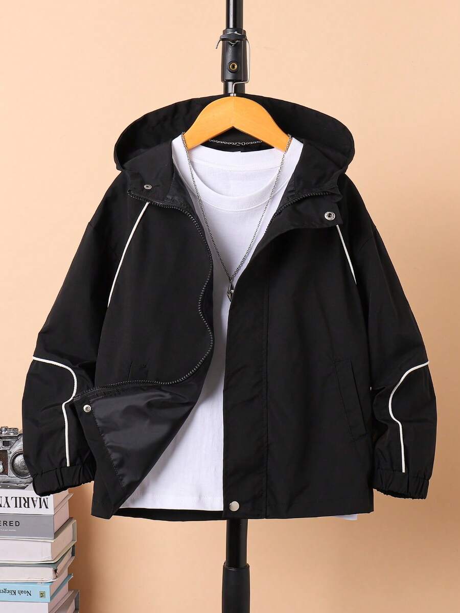 Tween Boys' Spring/Autumn Black Versatile Dirt-Resistant Hooded Jacket With White Line Decoration, Design, New Autumn Style For Big Kids, Casual Versatile Hooded Jacket - Black - View 1