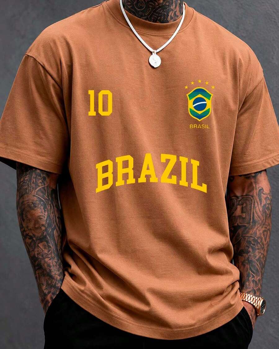 Printed T-Shirt Blouse Brazil Urban Fashion Plus Size S To 5XL And Children's - 米色 - 查看 1