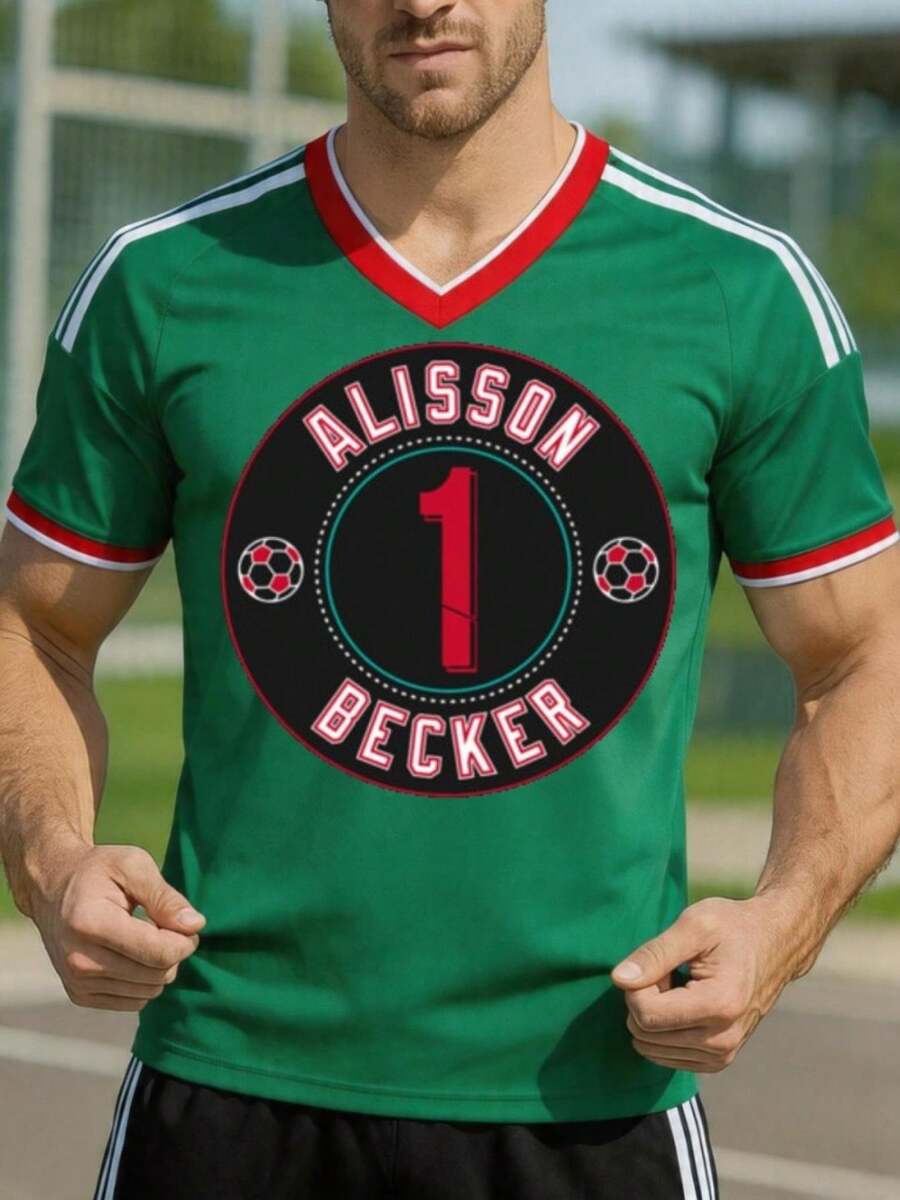 Camisa de hombre con estampado de monograma, fútbol americano, número 1 y letras de Alisson Becker, mangas cortas anchas, corte relajado, cuello redondo, diseño neo-vintage, estilo urbano, a - Verde - Ver 1