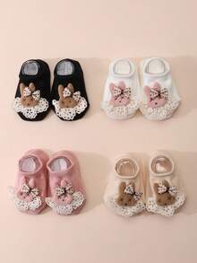 4 pares de calcetines cortos para niña con decoración de conejo lindo, unicolor, suela antideslizante, calcetines tipo barco, versátiles para todas las estaciones - Multicolor - Ver 9