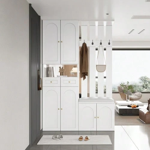 Garderobenset , Wandgarderobe; Garderoben Set mit Schuhbank und schuhrank ,4 Haken, 6 Türen, 2 Schublade, Weiß Flurmöbel (B110*H180*T37cm) - Übersicht 1