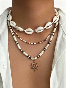3pcs/Set Men's Vintage Bohemian Shell Decor Seed Bead Necklace, Creative Fashion Metal Spiral Sun Pendant Multi-Layer Necklace, Suitable For Men And Beach Vacation Jewelry Set - Three-piece Necklace - View 3
