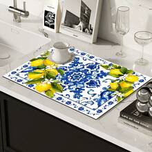 1pc Lemon Pattern Absorbent Drying Mat, Kitchen Decor Coffee Machine Mat, Hand-Drip Coffee Pot Draining Mat, Kitchen Floor Mat, Table Mat, Kitchen Countertop Dish Drying Mat, Breakfast Mat, Heat-Resistant Draining Mat With Non-Slip Backing, Diatomaceous Earth Draining Mat, Stain-Hiding, Super Absorbent Kitchen Draining Mat, Easy-To-Clean Dish Rack Mat, Perfect For Kitchen, Dining Table, Coffee Shop, Bar, Holiday, Party, Home Decor, Holiday Gift - Multicolor - View 4